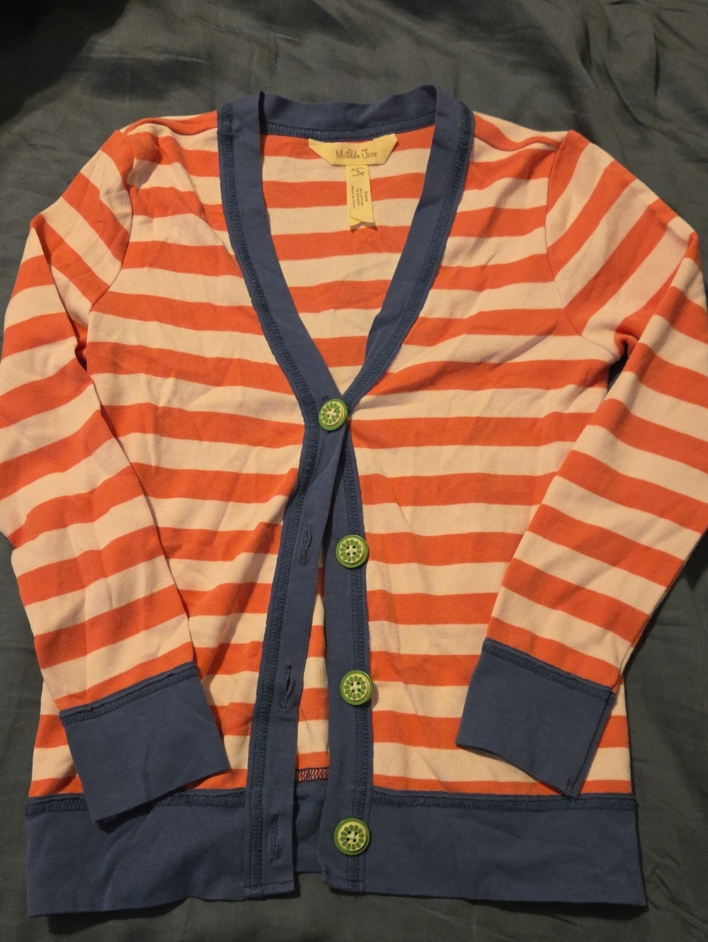 Matilda Jane Girls' Pale Red & Cream Striped Cardigan with Blue Trim